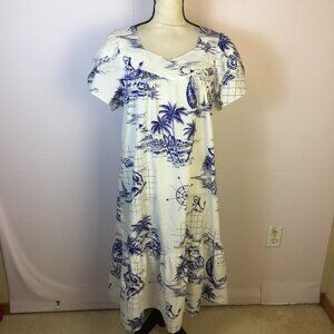 Vintage Hawaiian Muu Muu Dress Size S (Chest 42") White Blue Short Sleeve V-neck